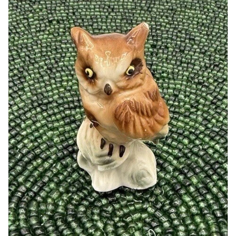 Vintage Miniature Porcelain Owl Figurine Brown Tan 2.5” Woodland Decor